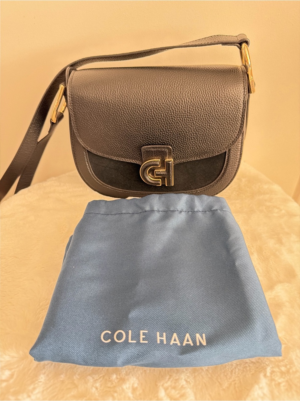 Cole Haan Black Pebbled Leather Crossbody with Gold Hardware